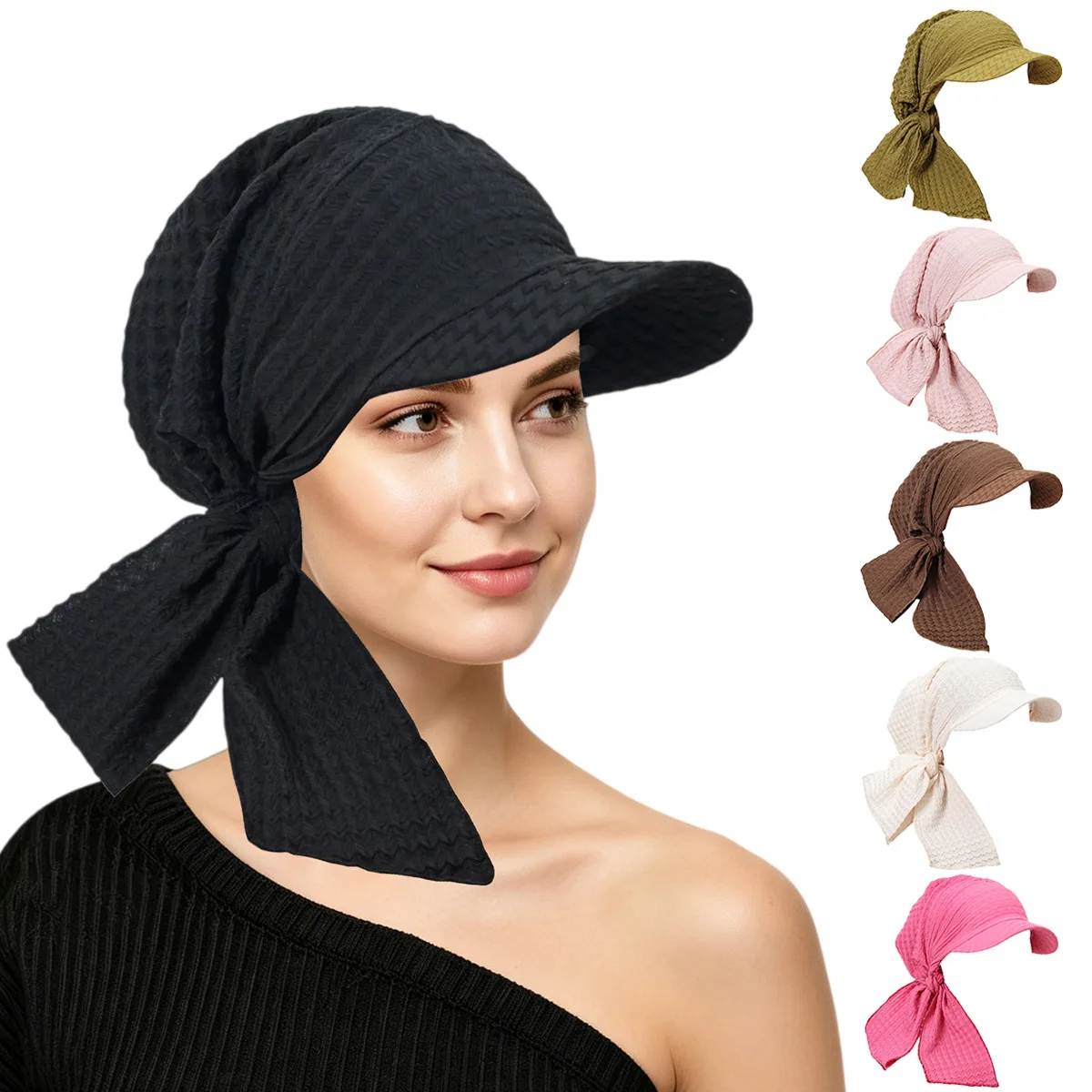 Fashion Women Brim Scarf Cap Sun Visor with Pre-Tied Stretch Turban Headscarf Hair Loss Scarf Bandana Head Wrap Outdoor Mujer