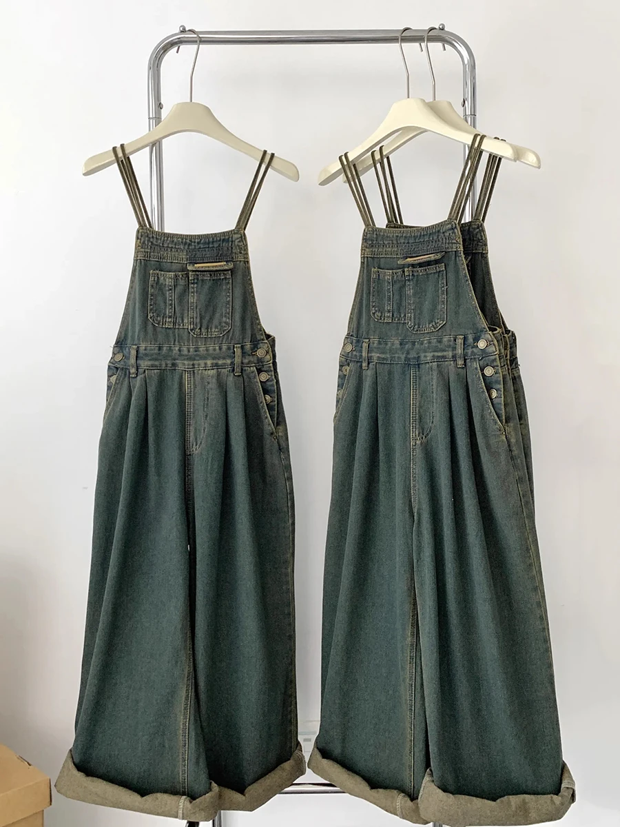 Reddachic Vintage Groene Wash Denim Jumpsuit Vrouwen Pintuck Wijde Pijpen Jeans Overalls Zomer Losse Casual Koreaanse Streetwear