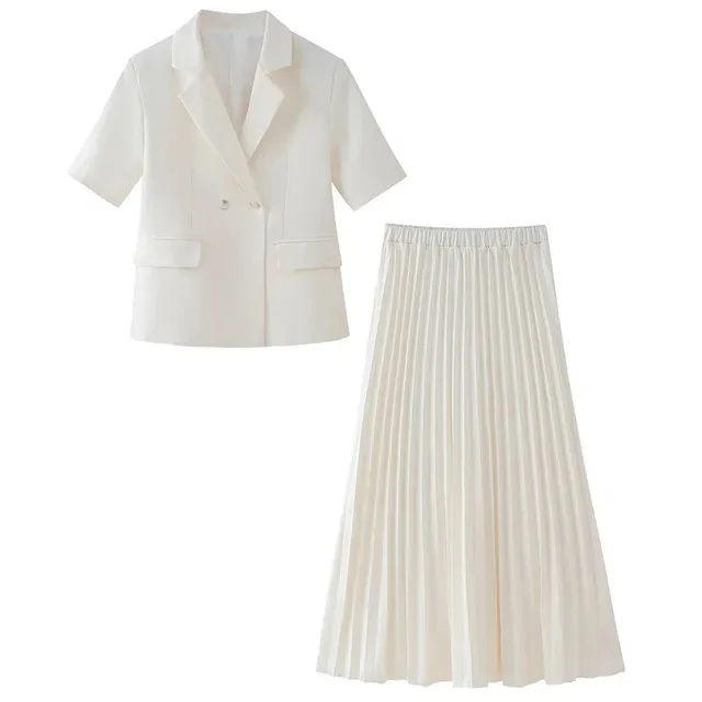 

New Women Summer Suit Pleated Skirt Set Fashion Solid Turn Down Collar Short Sleeve Top+New Chic Elegant Elastic Waist Skirts