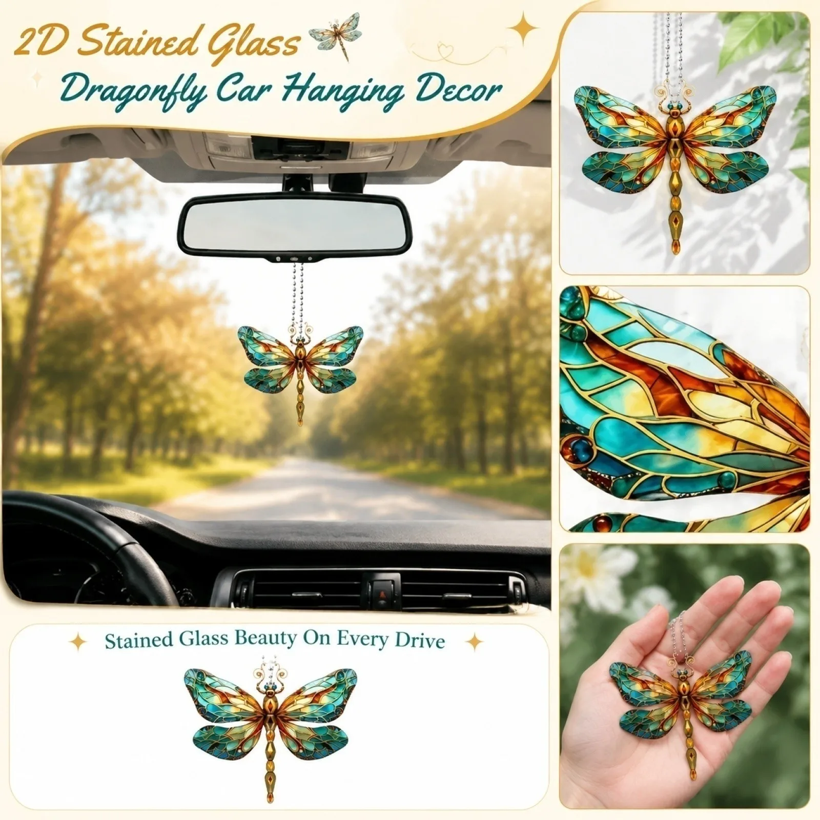 2D Colored Glass Dragonfly Pendant for Rearview Mirror Decoration Acrylic Car Hanging Ornament Holiday Gifts Garden Decorations