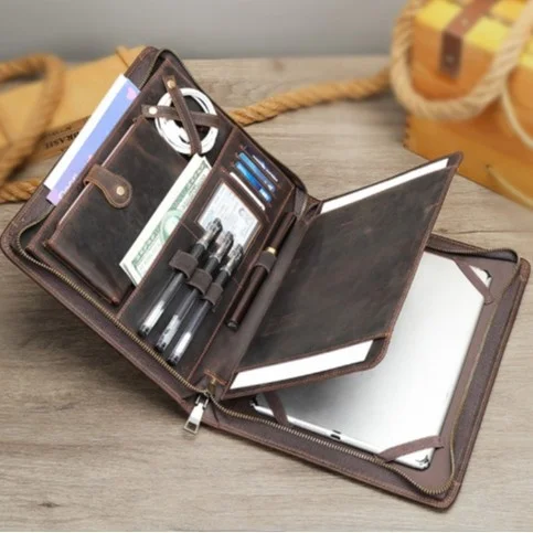 Marontte Men's Large Capacity Business Vintage Handbag Mad  Leather Multi-Function iPad Storage Bag Briefcase