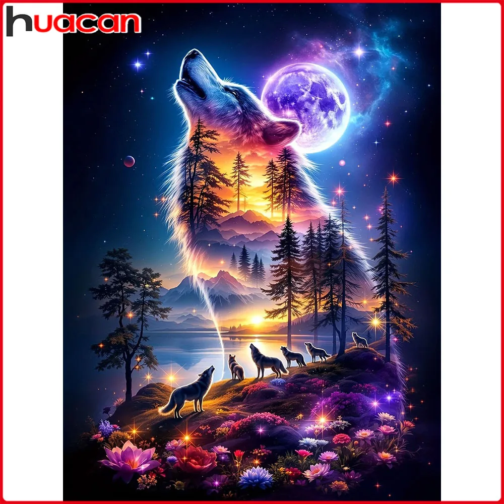 Huacan Diamantmalerei Wolf am Mond Diamantmosaik Tier-Landschaft Komplettes Set Heimdekoration