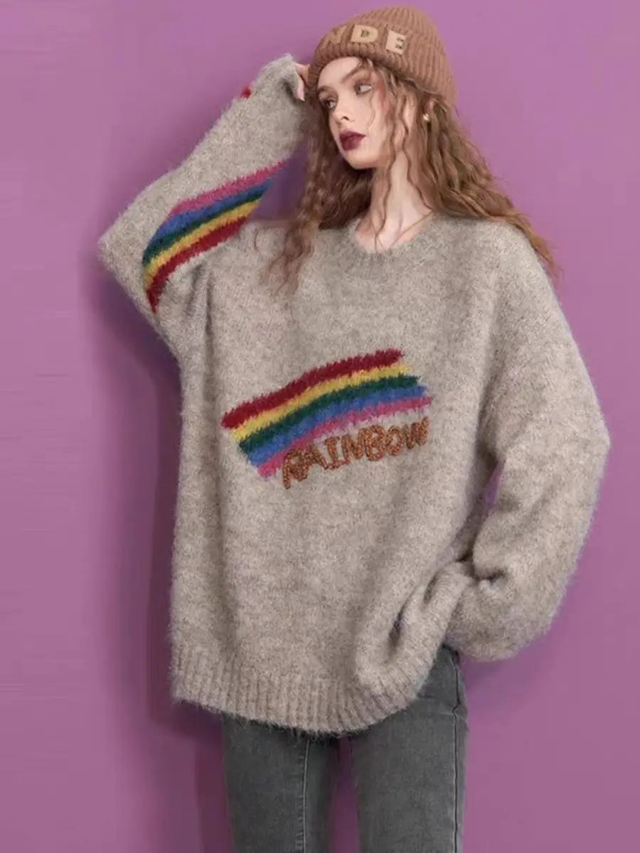 

Rainbow Letter Embroidery Sweater 2025 Winter Oversized Pullover Top Joyful Aesthetic Knitwear Womens Fashion