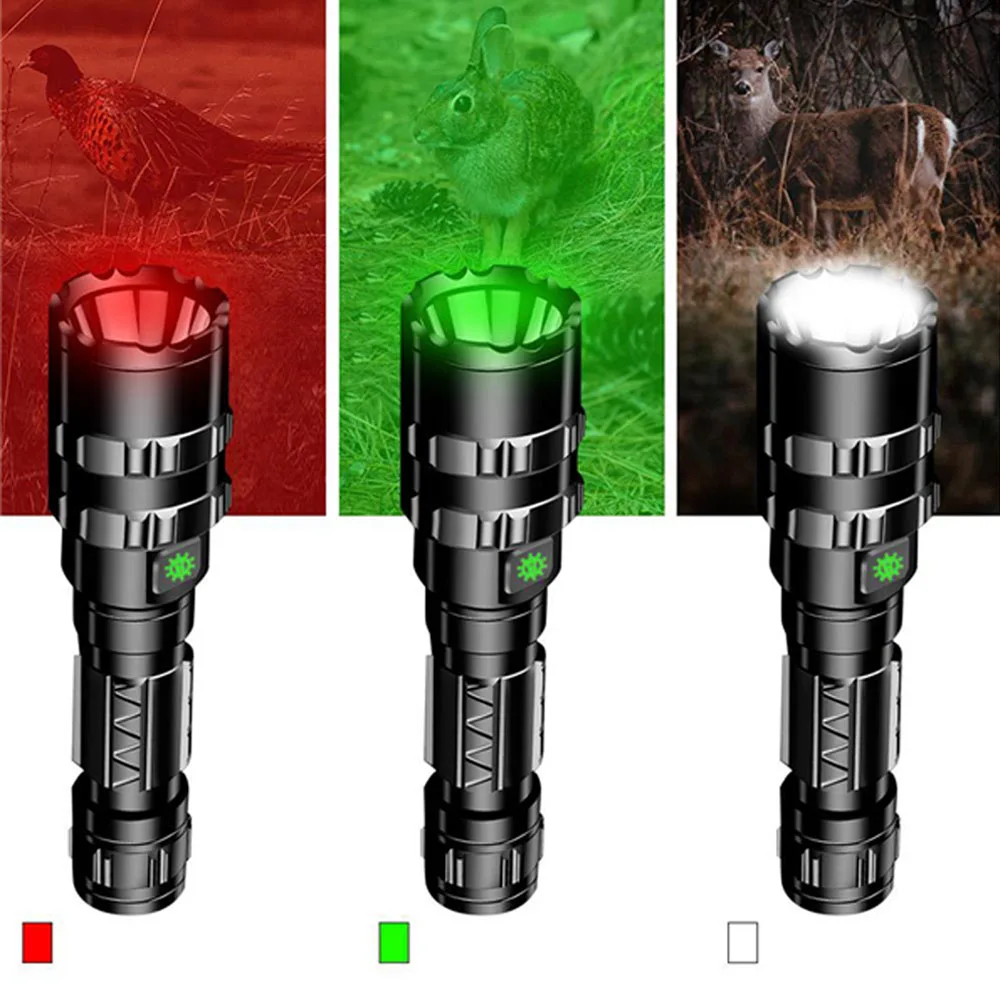 Professional LED Flashlight for Hunting Tactical Red/White/Green Flashlight Night Scout Lights Set Fish Light Rechargeable Torch