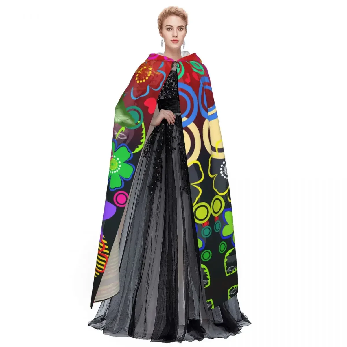 Abstract Floral Flowers Decorative Ornaments Hooded Polyester Unisex Witch Cape Costume Accessory image 3