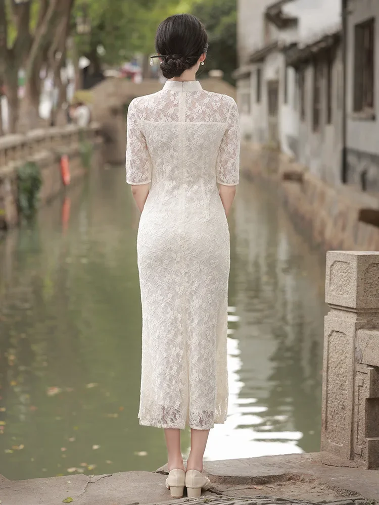 Cheongsam Dress Women's Slim Plus Size 2024 Spring Lace Hollow Splicing Stand Collar Chinese Style Qipao Fishtail Dresses Woman