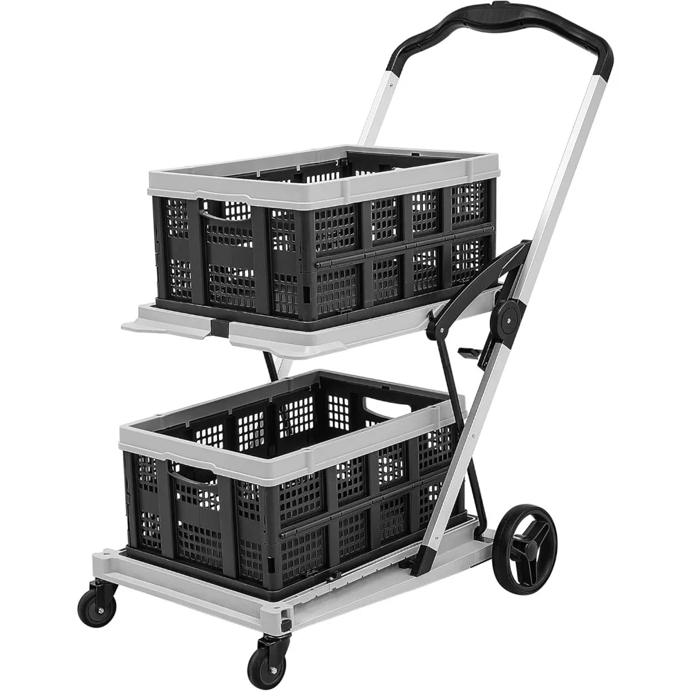 

Functional Collapsible Cart, 2-Tier Folding Shopping Cart Portable Utility Cart with 2 Storage Crates, Rubber Wheels