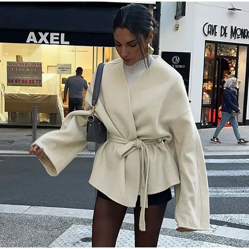 

Elegant Belt Lace Up Woolen Jacket For Women Autumn Fashion Long Sleeve Short Jacket 2025 New Lady Streetwear Outerwears Female