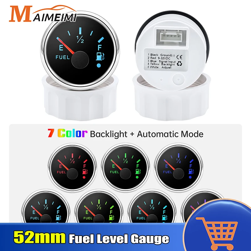 7 Color Backlight 52mm Fuel Level Gauge Car Fuel Tank Meter With Alarm for Gasoline Diesel Engine Marine RV Camper Yacht 12V 24V