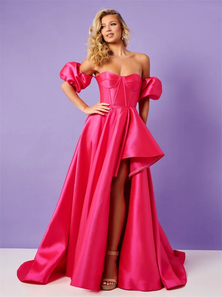 

Hot Selling Sweetheart Neckline Puff Sleeves A-Line Evening Dress Lace Up Back Floor Length High Slit Sweep Train Gown For Women