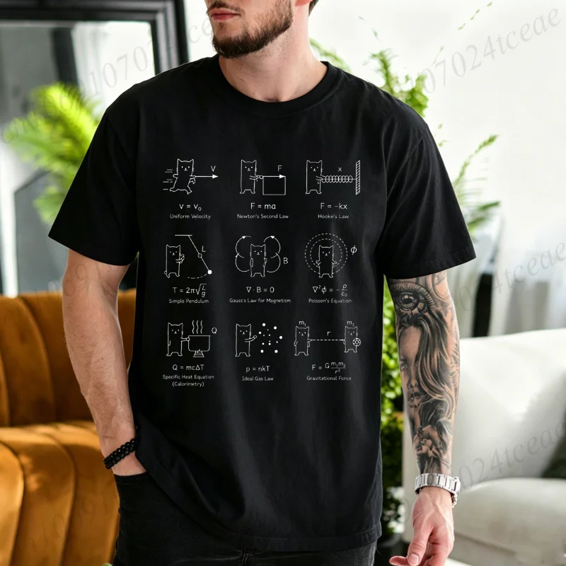Men Funny Physics Formula Cat Graphic T Shirt Equation Print Tee Physics Teacher Gift Vintage Academia Short Sleeve Unisex Tops