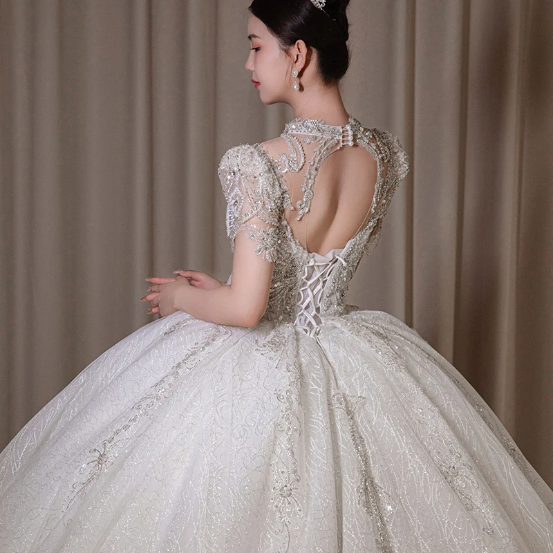 Jancember O-Neck Illusion Wedding Dresses Short Sleeves Ball Gown Embroidery Button Exquisite Wedding Dress Robe De Mariée XS006