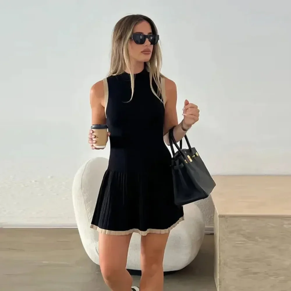 Mini robe tricotée pour femmes, col rond, à volants, ligne a, sans manches, printemps/été