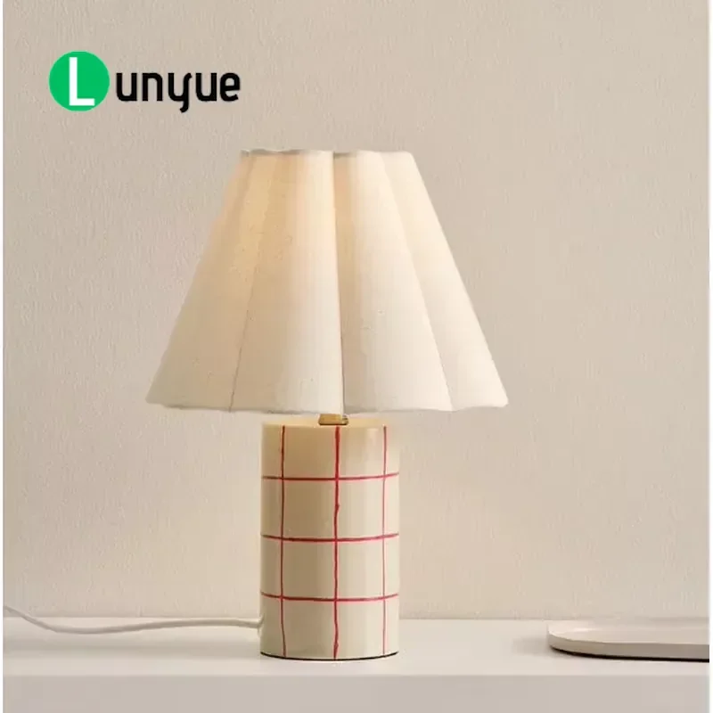 Modern Cream Style Hand Painted Plaid Fabric Wrought Iron LED Desk Lamp with White Shade for Living Room Bedroom Home Decor