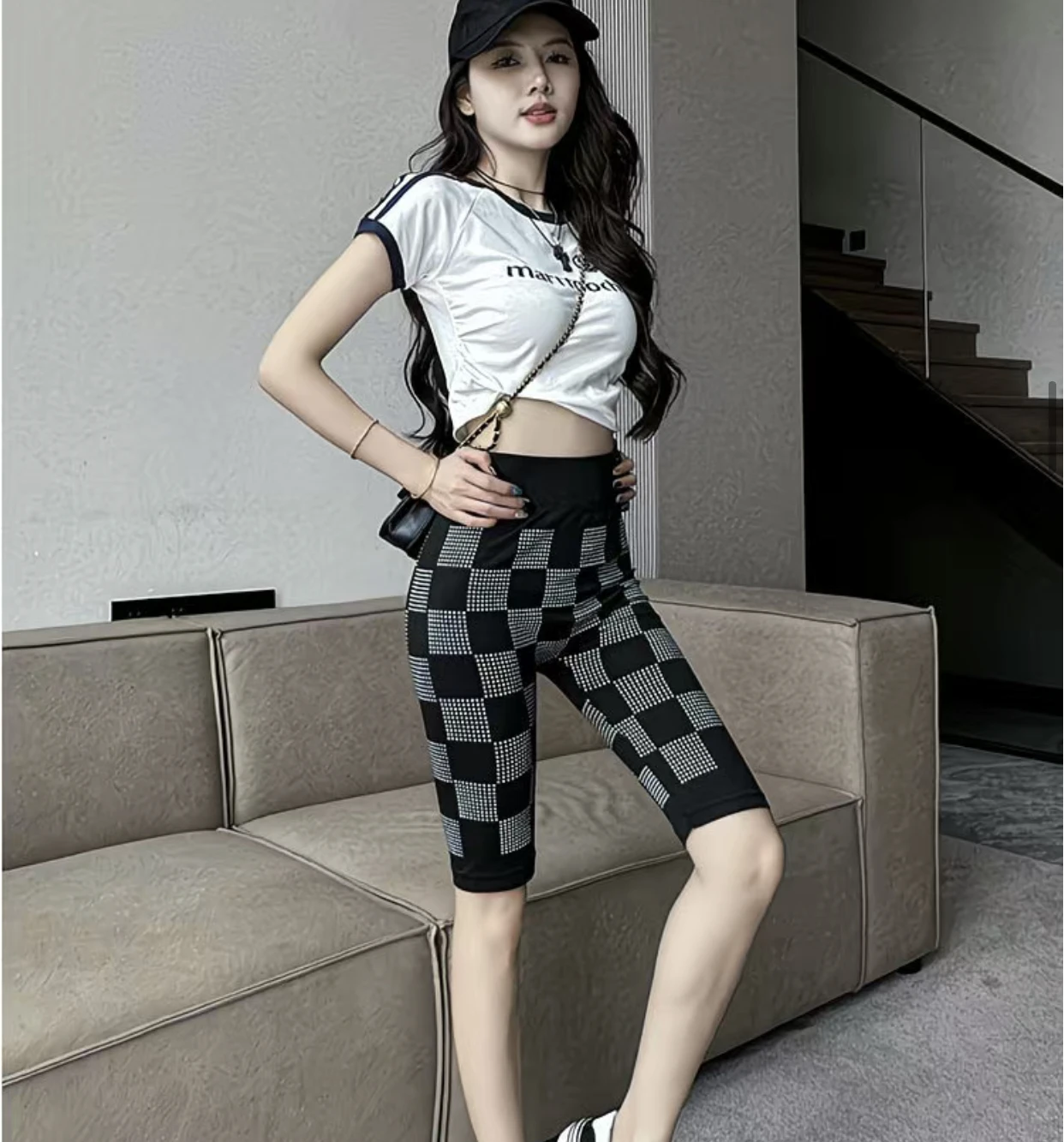 Women Checkerboard Biker Shorts High Waist Stretchy Knit Sports Shorts Summer Casual Skinny Cycling Shorts Workout Running Leggi
