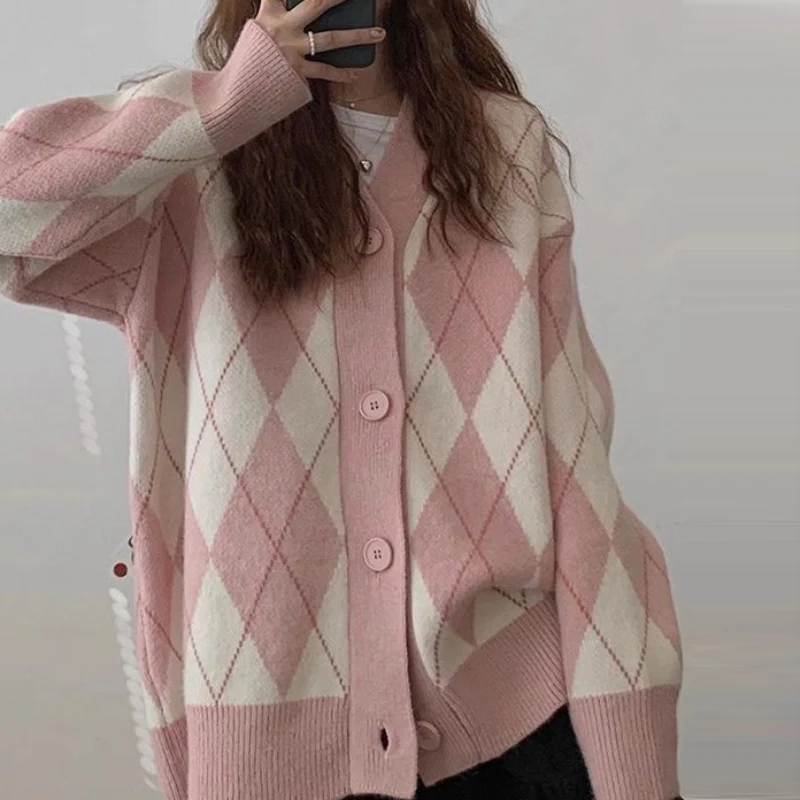 Women Sweater Pre-Fall New Vintage V-Neck Lingge Loose Casual Slouchy Knit Cardigan Jacket