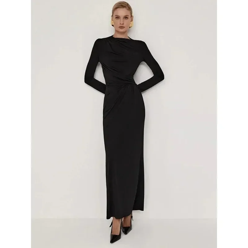 

High Waist Long Sleeve Female Party Dresses Solid Color Asymmetrical Waist-packing Hip-packing Sexy Dress Ruched Elegant Dress