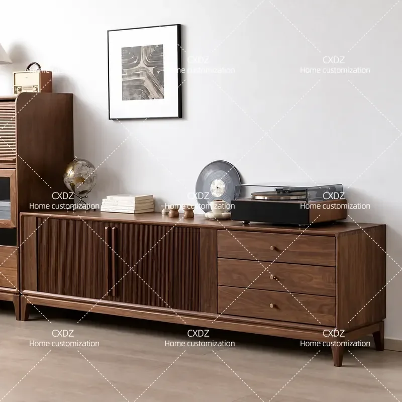 Black Walnut Color Antique TV Cabinet Solid Wood Living Room Simple Locker Log Retro TV Stand Cabinet