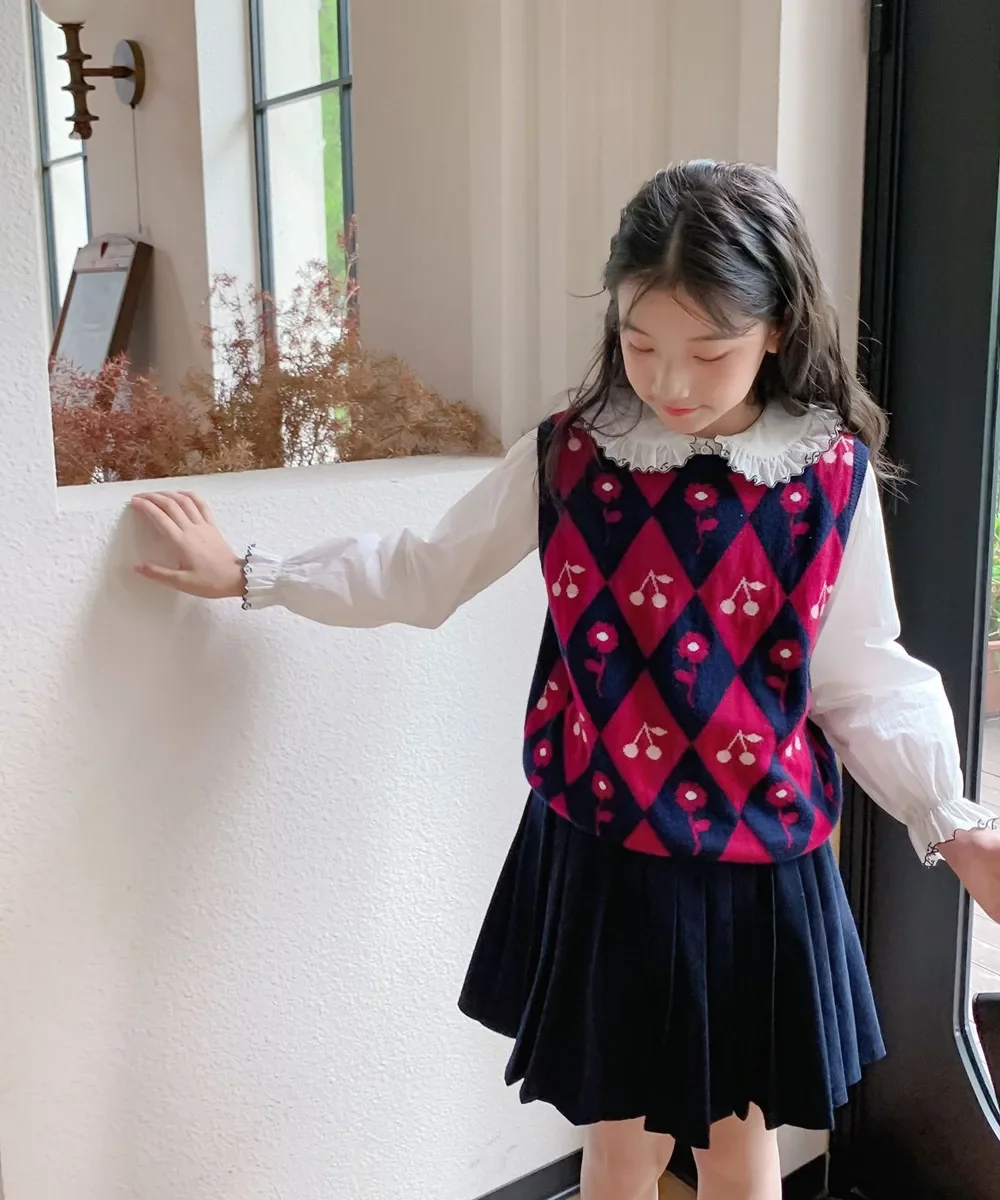 kids clothes girl fall winter sweaters Cherry pattern Prism grid knitted vest College style sleeveless vest Children's Clothing