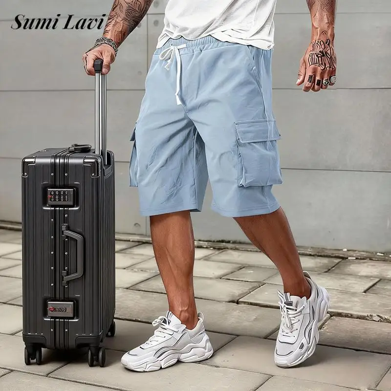 

Trendy Simple Solid Color Shorts Mens Casual Loose Straight Multi Pockets Cargo Shorts 2026 Summer Fashion Men Drawstring Shorts