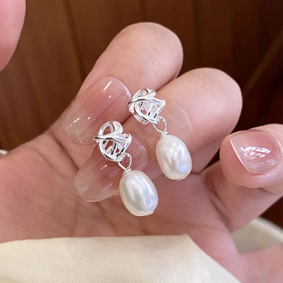 

DUTRIEUX S925 Sterling Silver Ear Stud Women Hand Woven Freshwater Pearls Earrings Light luxury Jewelry Ear Decoration Accessory