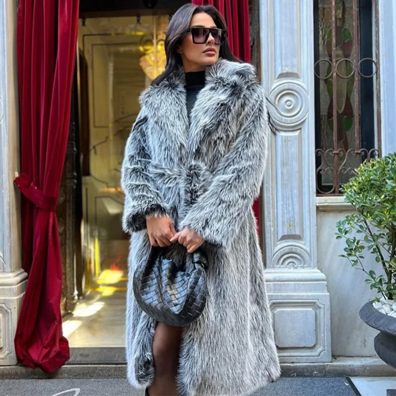 TARUXY Winter Female Faux Fur Overcoat Luxury Lapel Loose Fashion Commute Keep Warm Long Sleeve Outwear Women's Faux Fur jacket