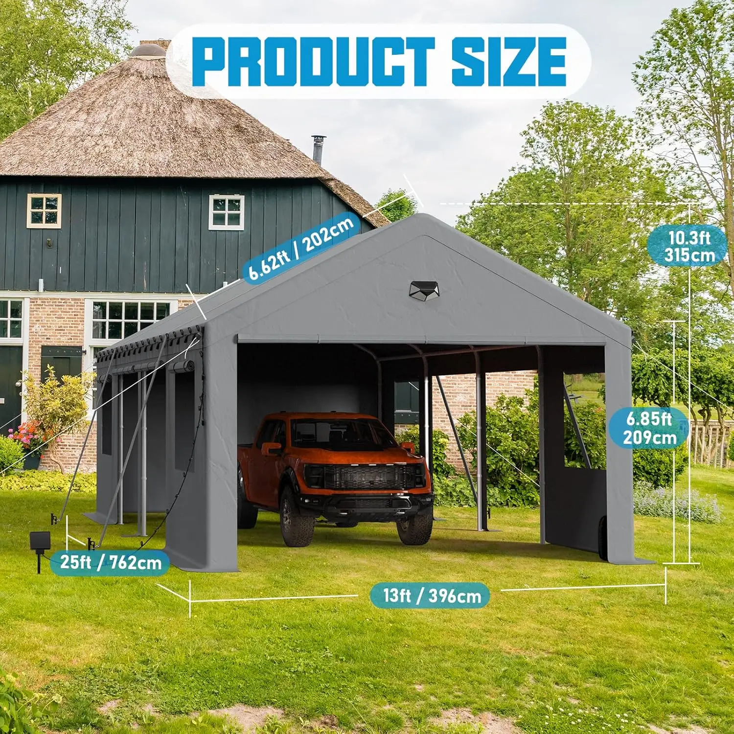 13x25 Heavy Duty, Portable Car Port Garage, Carport Canopy with Side Roll Up Doors, All Weather Car Shelter, Grey