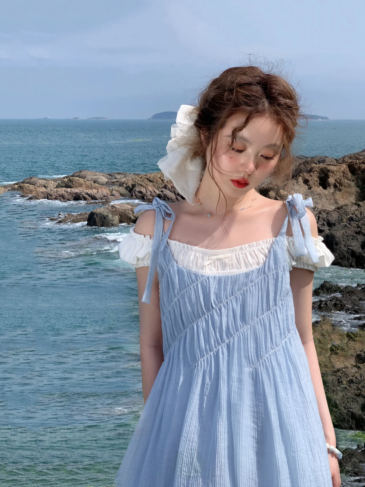 

French Sle Salt Water Glass Cheese Eating Large Size Dr Slimming Belly Covering Strapl A-Line Midi Dr for plus Siz...