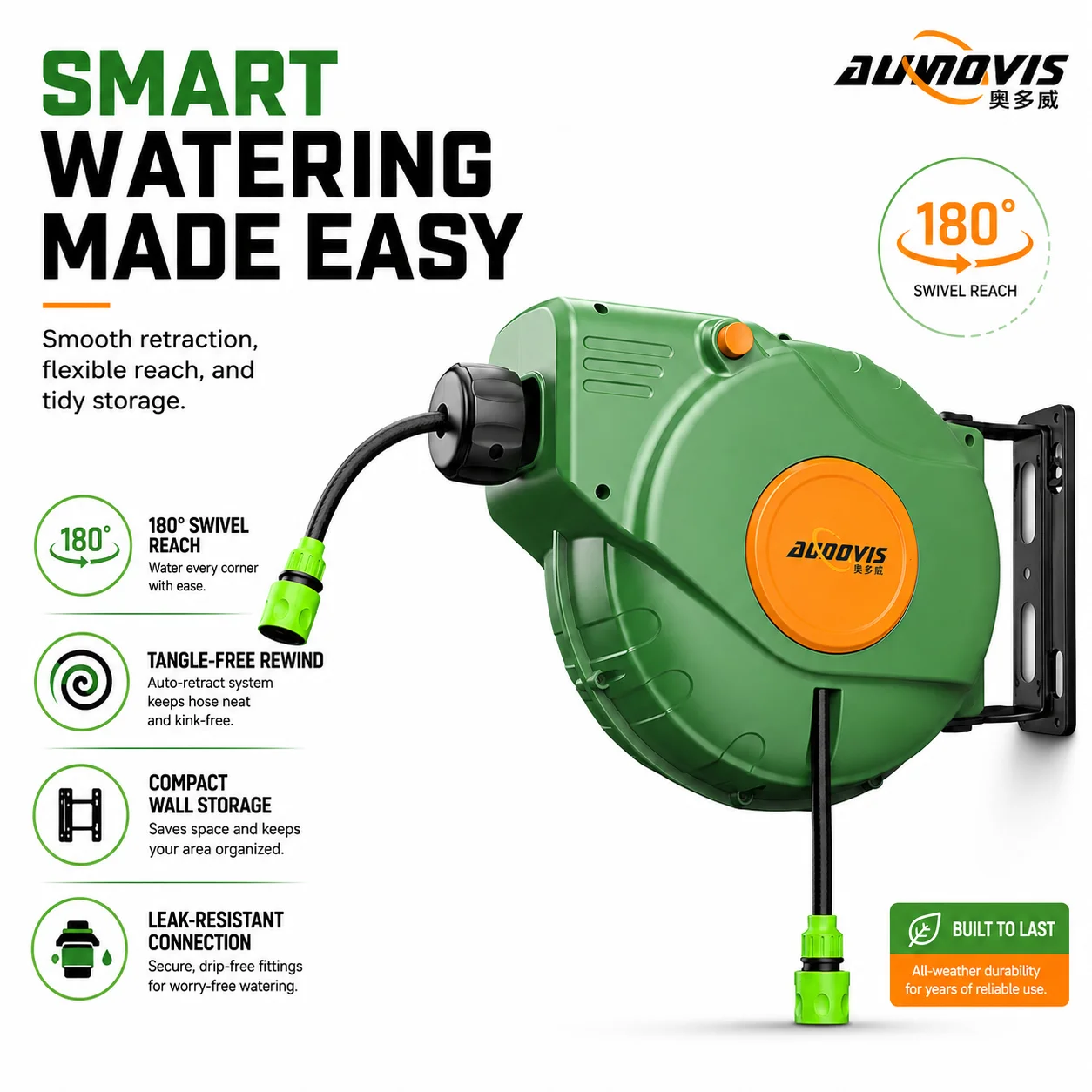 AUOVIS Retractable Garden Hose Reel Wall Mounted Auto Rewind Water Hose Storage for Car Washing Garden Watering