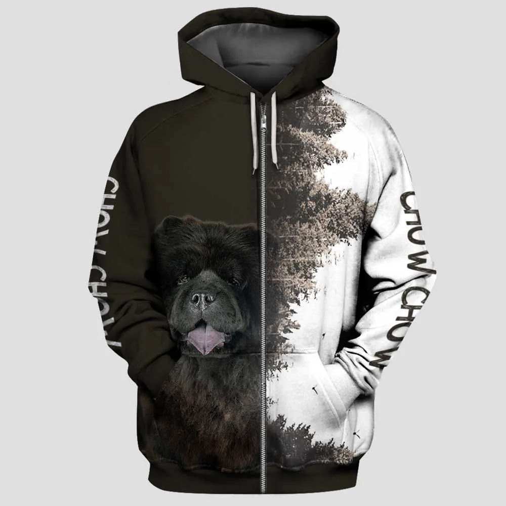 

HX Fashion Animals Zip Hoodies 3D Graphic Chow Chow Printed Pullover Tops Sweatshirts Fashion Pets Pullovers Sportswear