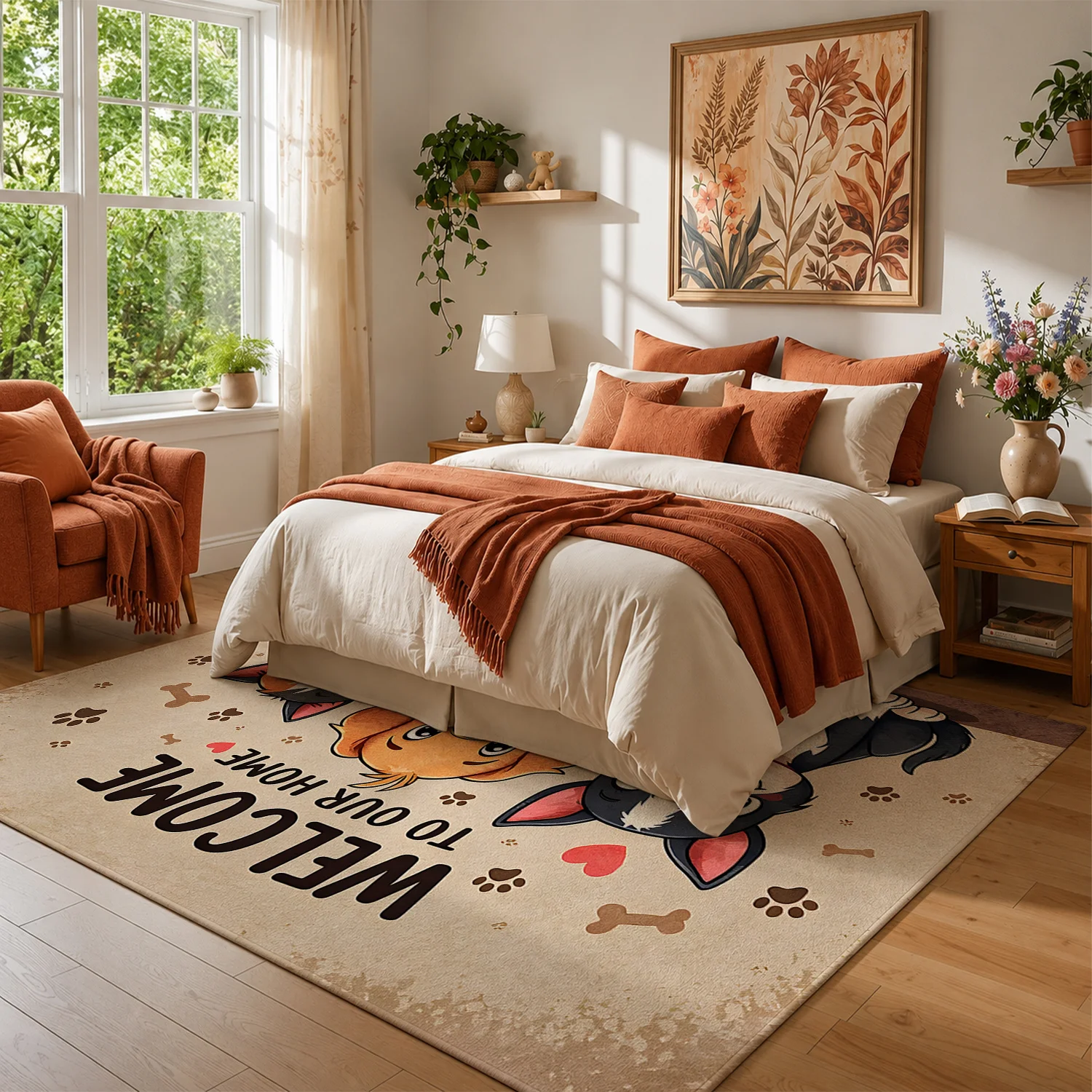 Large Indoor Area Rug, Soft Velvet Low Pile Non-slip Dotted Backing Machine Washable, Cute Puppy Kitten Paw Print Design for Living Room Bedroom Entryway Home Decor