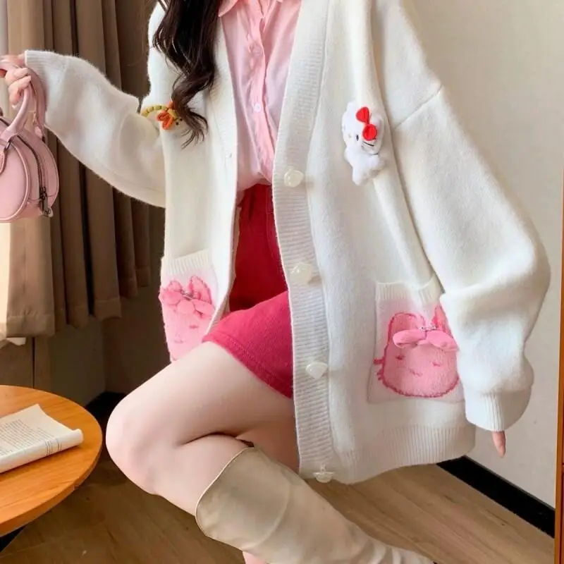 

Женское пальто Sanrio Hello Kitty, кардиган из мягкого материала для милых девочек, осень-зима, новый стиль, корейский свободный крой, горячая распродажа, модный