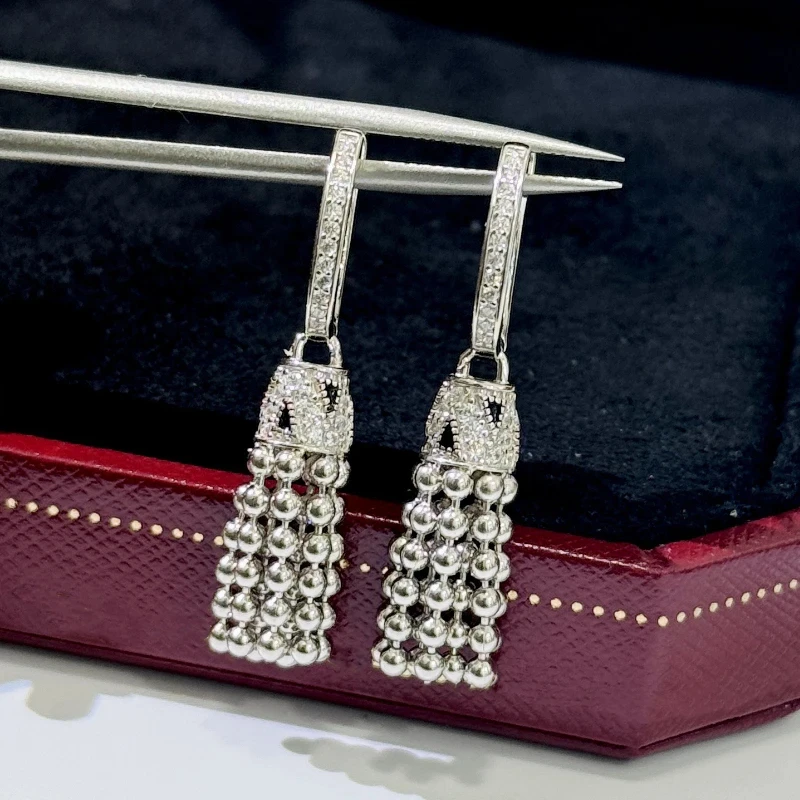 

Europe Top Quality S925 Sterling Silver Diamond Crystal Tassel Beads Earring Woman Fine Classics Jewelry Trend