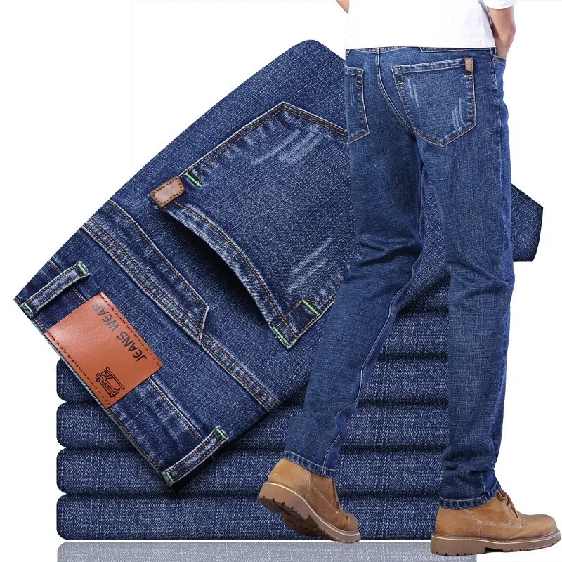2025 hommes nouveau 28-40 hommes classiques pantalon droit affaires bleu noir jean élastique coupe ajustée décontracté travail pantalon