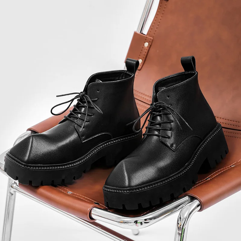 England style men's casual platform boots black trendy genuine leather shoes punk rock dress cowboy ankle boot pointed toe botas