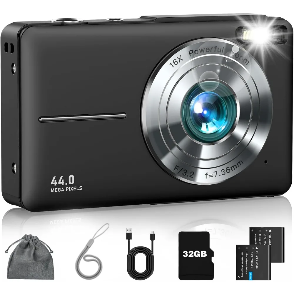 FHD 1080P Compact Camera with 32GB Card, 16X Zoom for Vlogging, Great for Kids and Teens