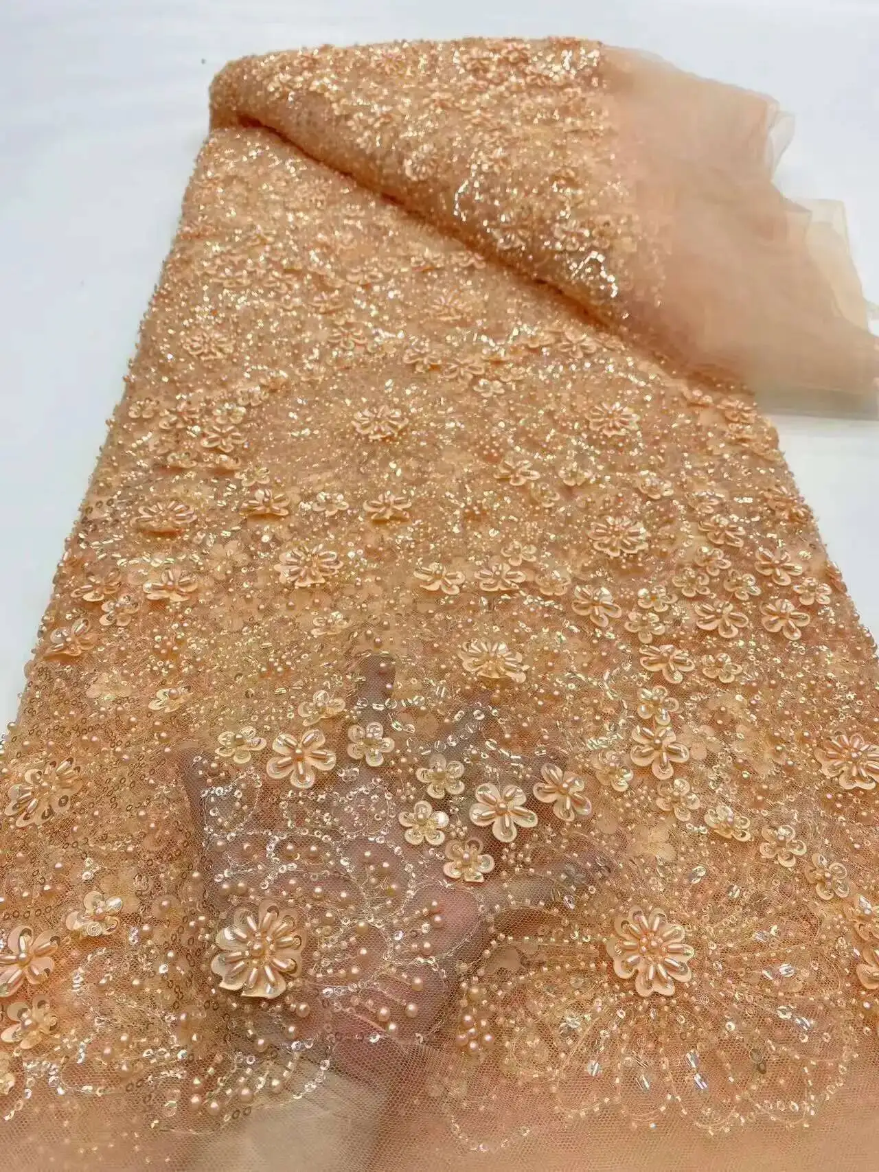 

African Lace Fabric 2025 High Quality Lace Sequins 3D Beads Embroidery French Lace Fabric Nigerian Lace Fabric For Sewing