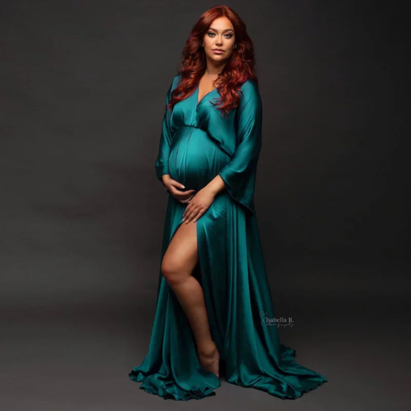 Boho Maternity Long Dresses for Photography Pregnant Woman Photoshoot Dress Elegance Satin V-Neck Plus Size Costume