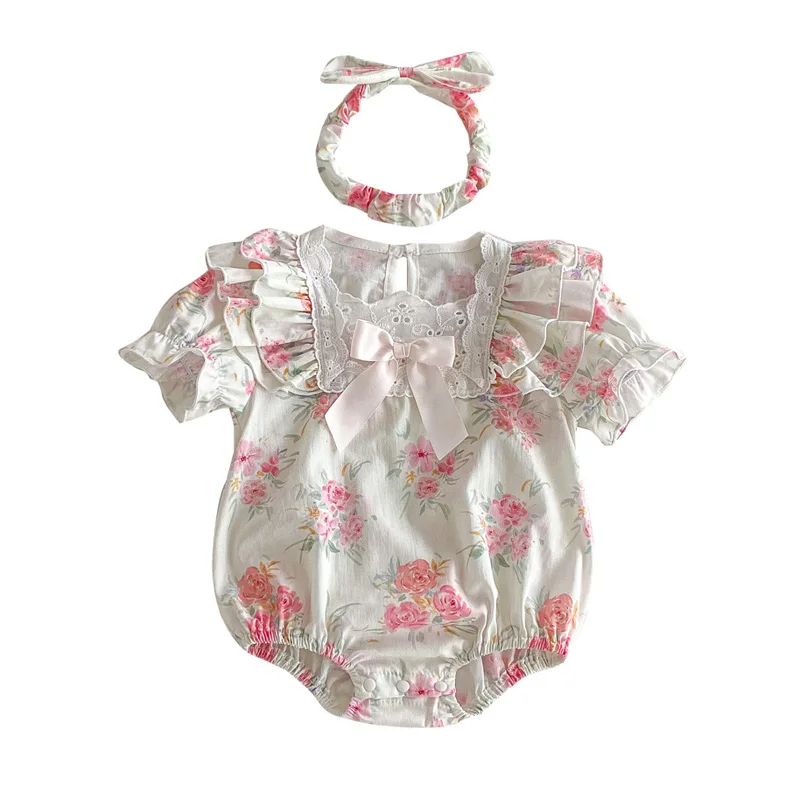 Baby Girls Romper Headband Set Pink Floral Summer Clothes Short-Sleeved Newborn Jumpsuit Korean Toddler Infant One-Pieces Onesie