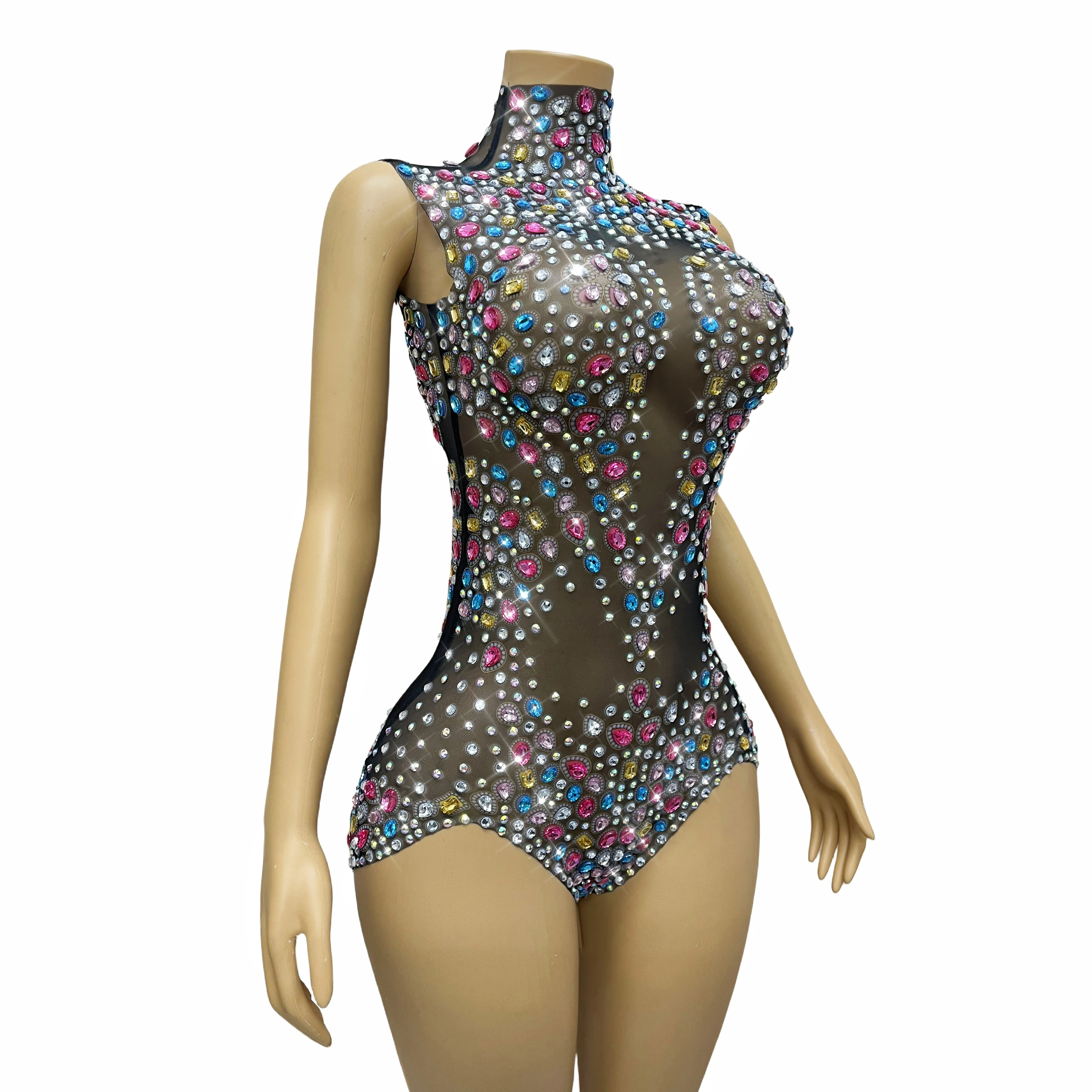 New Colorful Rhinestones Crystals Leotard Luxury Celebrate Sexy Outfit Sleeveless Bodysuit Birthday Costume tangwucai