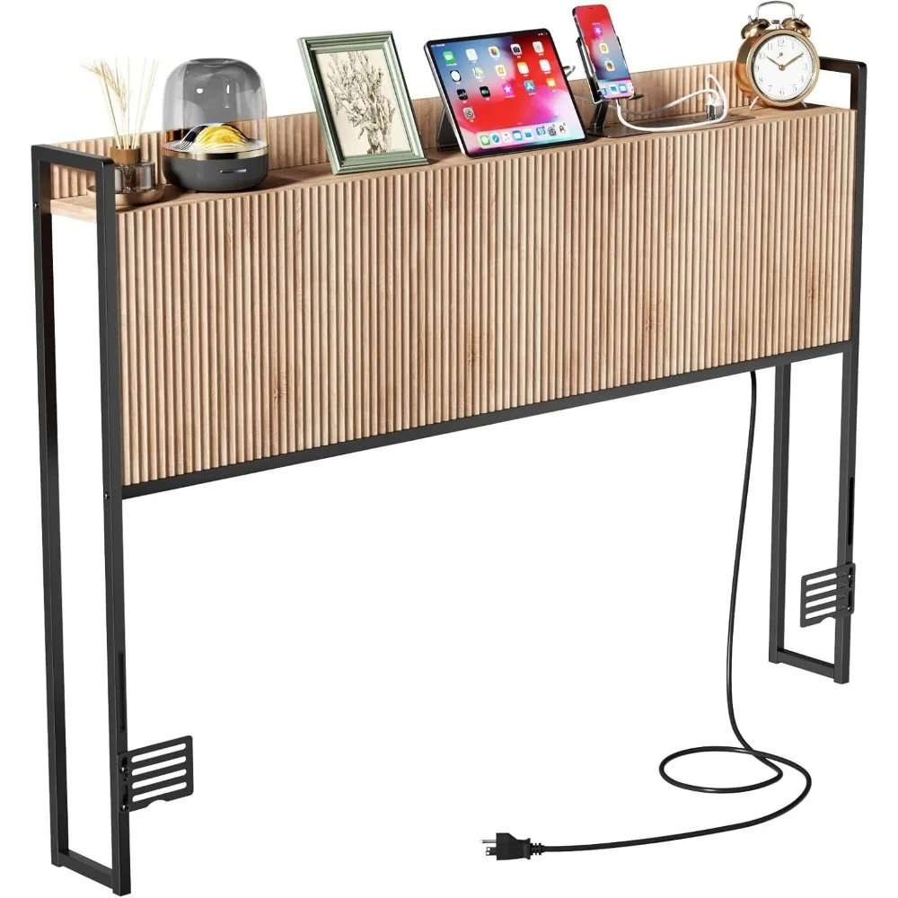 

King Size Headboard Only with Outlets, Wall Mount Wood Fluted Headboard with Storage, Height Adjustable, Storage Rack, Sturdy an
