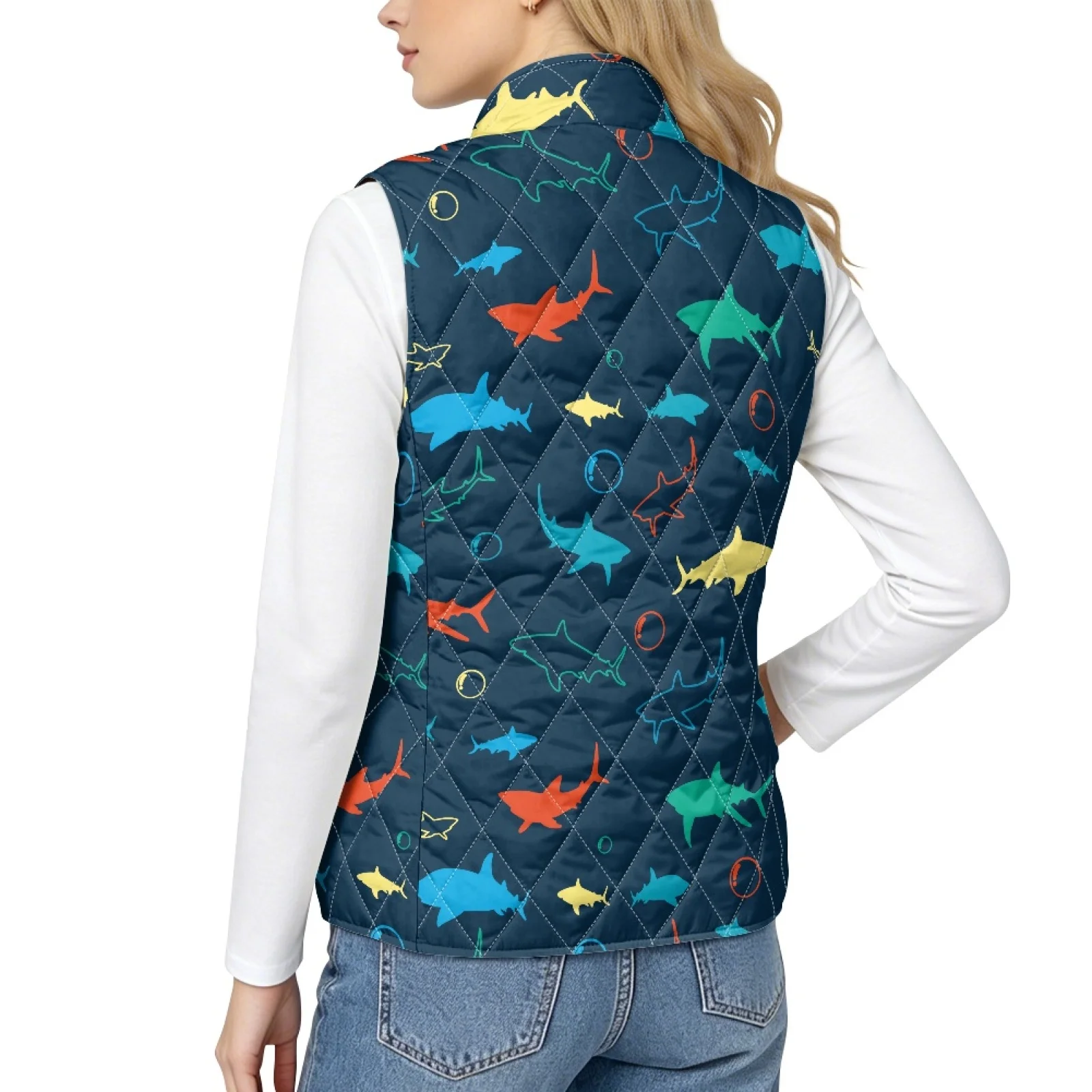 PENSTROLL Colorful Shark Art Lightweight Quilted Waistcoat Casual Outwear Jacket Coat Women's Plaid Vest for Fall Spring