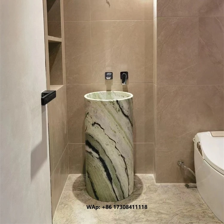 Solid Integrated Green Emerald Marble Freestanding Wash Basin Stone Cylinder Pedestal Sink Green Marble Sink for Bathroom