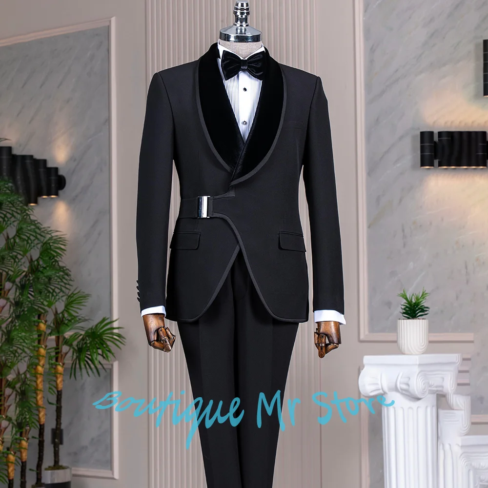 Men's Black Velvet Shawl Lapel Tuxedo Jacket Asymmetric Design Formal 2 Pieces Pants Suit Set Wedding Groom Prom Outfit