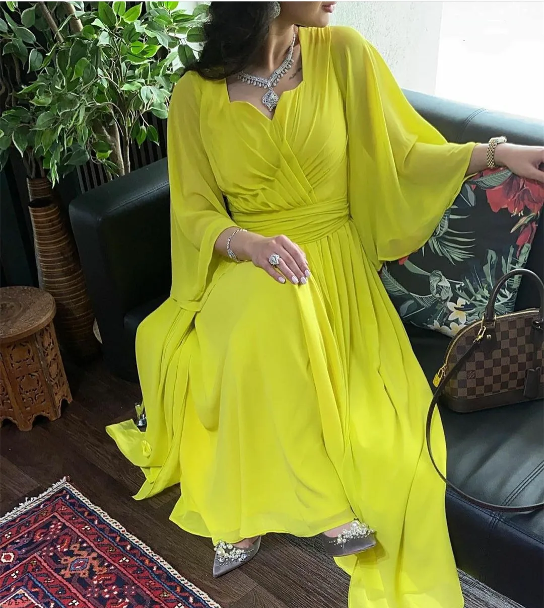 Meetlove Aangepaste Lange V-hals Chiffon Avondjurken A-lijn Lange Mouw Enkellange Galajurk Robe de soirée voor Vrouwen