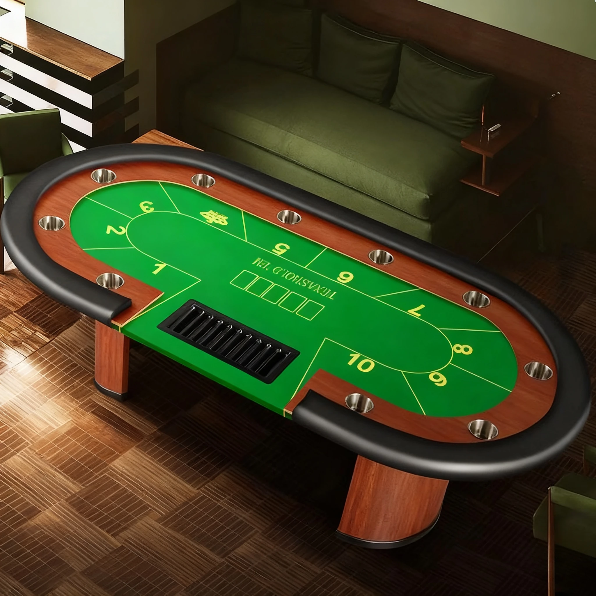 

2.4M Foldable 10-Player Oval Poker Table - LED Light & Drop Box Metal Baccarat Table for Multi-Games
