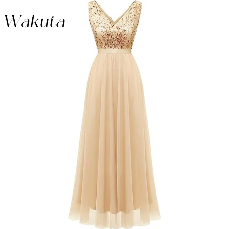 Wakuta Fashion V-neck Sleeveless Applique Evening Dress Classic Waist Pleated Chiffon A-Line Banquet Robe Dubai Luxe فستان سهرة