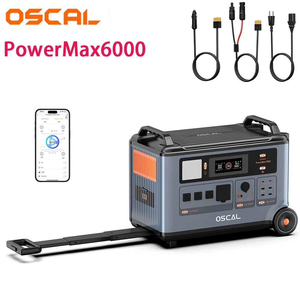 

Oscal PowerMax6000 6000W Rugged Power Station, 3600Wh to 57600Wh LiFePO4 Battery, 14 Outlets, 120V/240V Dual Voltage Output, 3500+ Life Circle, Smart APP Control, 5 LED Light Modes, Morse Code Signal, Improved Mobility and Management System