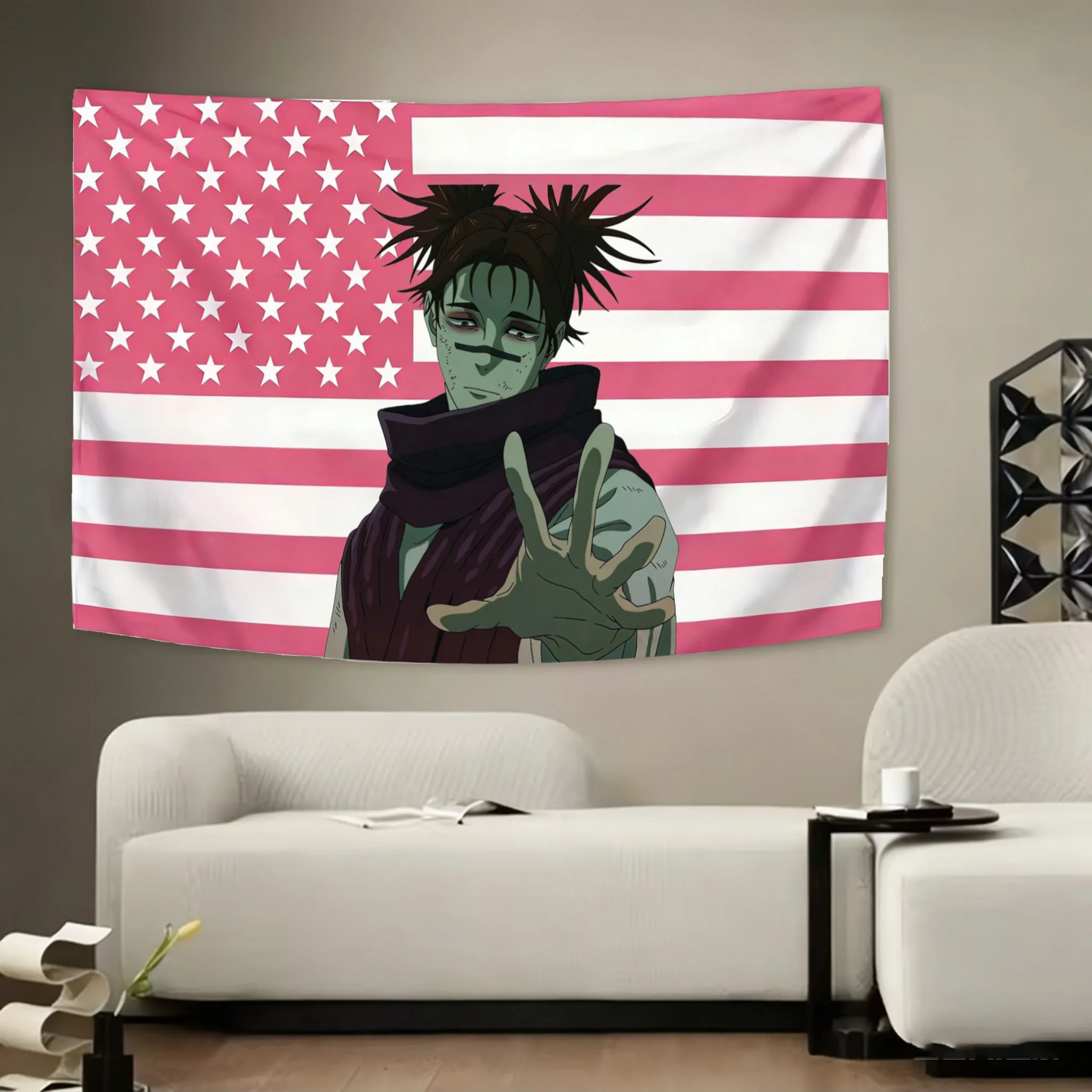 J-Jujutsu K-Kaisen Choso Wandteppich, rosa und blau, amerikanische Flagge, geeignet für Schlafzimmer, Wohnheim, Wanddekoration für Manga-Fans