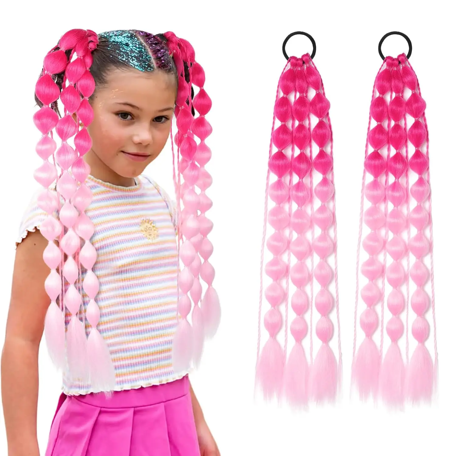 Behufun-Colored Ponytail Extensions for Kids, Lightweight Bubble Ponytail Extension with Hair Tie, Ombre, Crazy Day Accessories